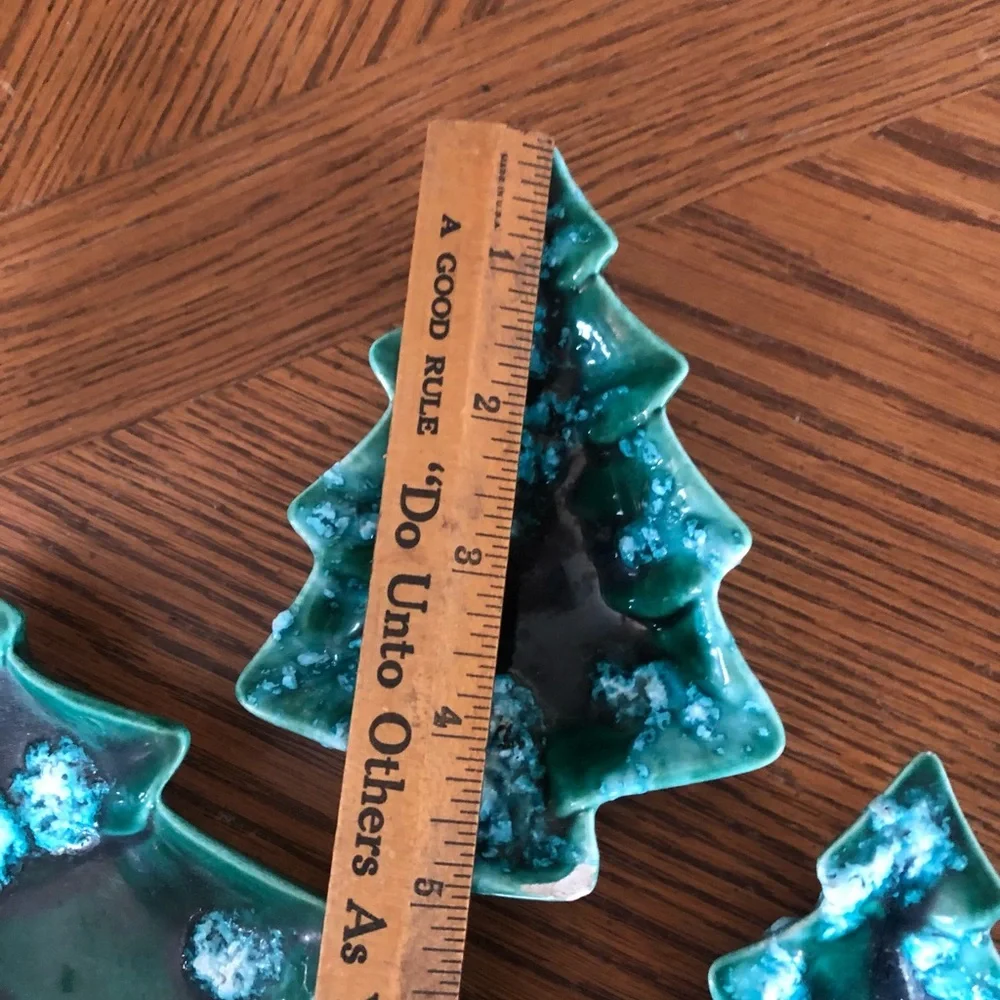 Vintage Set of 3 Green Drip Glaze Stacking Ceramic Christmas Tree Nesting Dishes